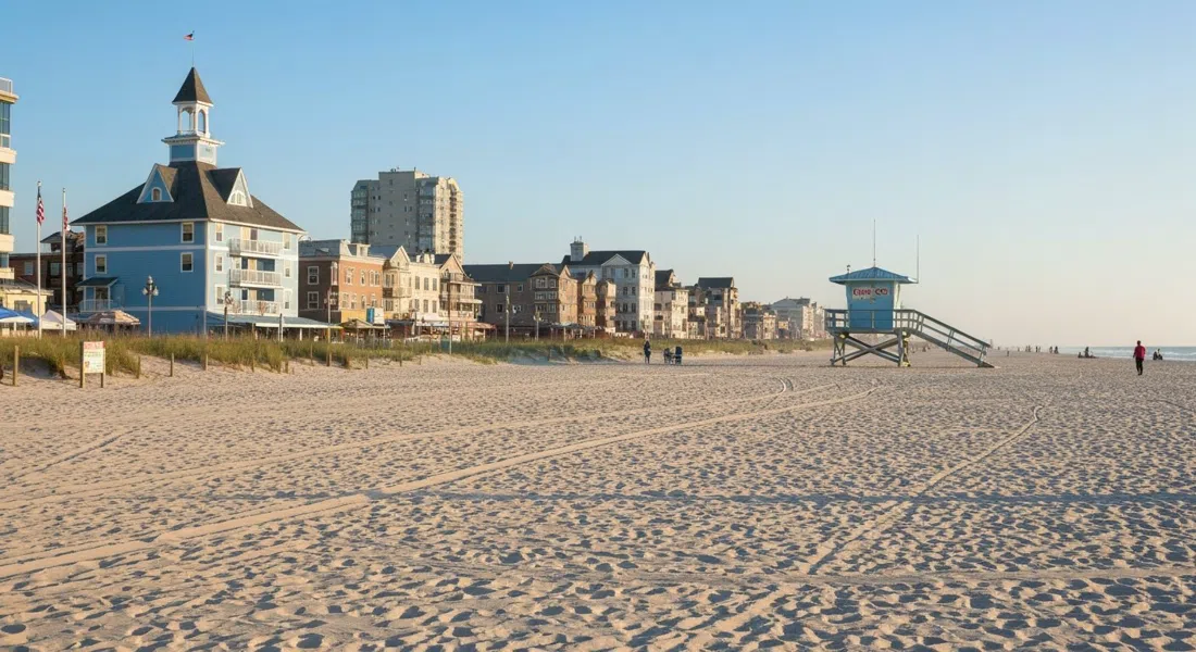 Chelsea Beach am Südende von Atlantic City, breiter heller Sand unter einem ruhigen Morgenhimmel mit Boardwalk und Rettungsschwimmerstation im Blick