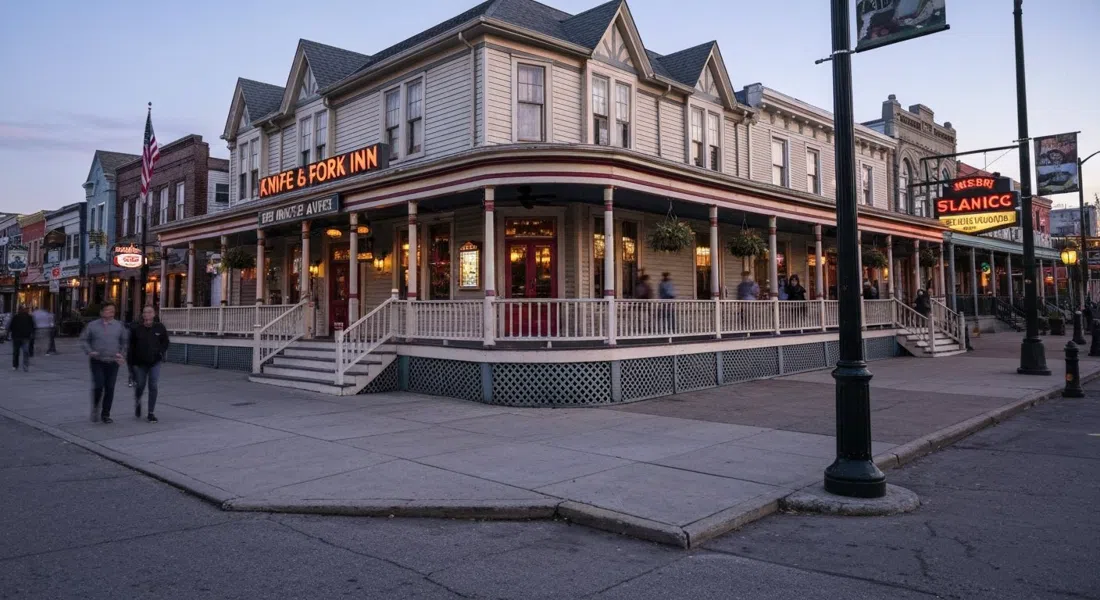 das flämisch-giebelige Knife & Fork Inn an der 3600 Atlantic Avenue, Abendlicht auf der historischen Veranda und der alten Atlantic-City-Fassade