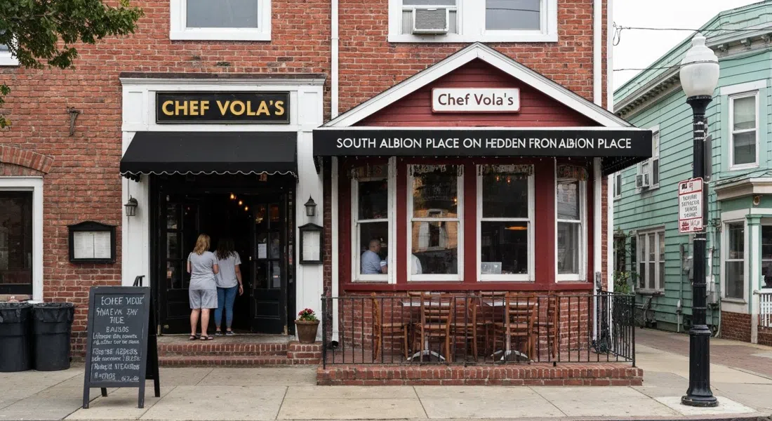 der versteckte Eingang von Chef Vola's am South Albion Place, eine diskrete Hausfront, die auf das BYOB im Keller darunter hinweist