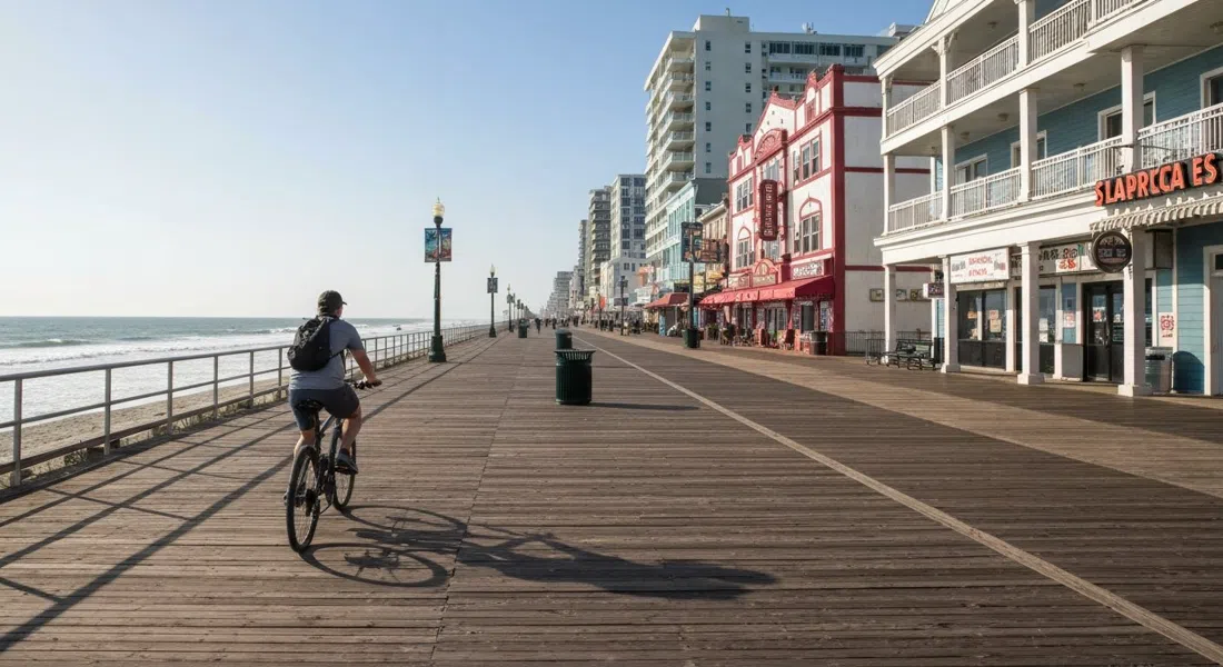 un ciclista matutino en el Atlantic City Boardwalk en Chelsea, tablas casi vacías con el océano a un lado y bloques de playa de poca altura al otro