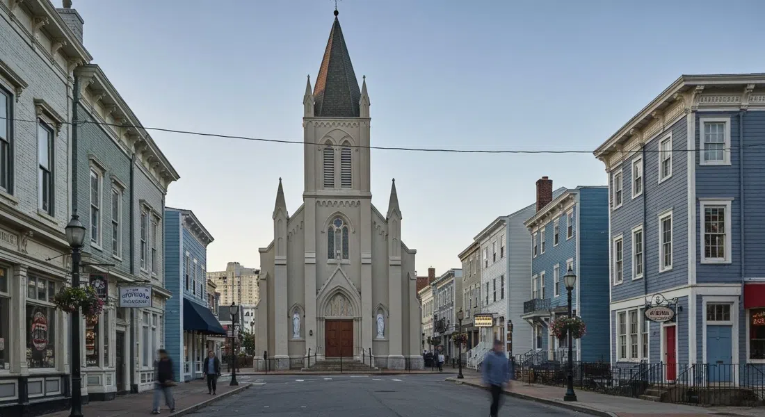 Iglesia Católica Romana de St. Michael en North Mississippi Avenue, su fachada histórica enmarcada por casas adosadas de Ducktown con luz suave de atardecer