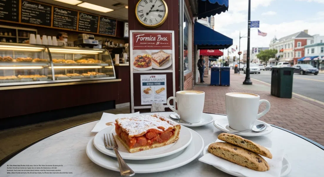 el mostrador de Formica Bros. Bakery en Arctic Avenue, con un cuadrado de tomato pie, biscotti y café en la mesa de la cafetería a la luz del día