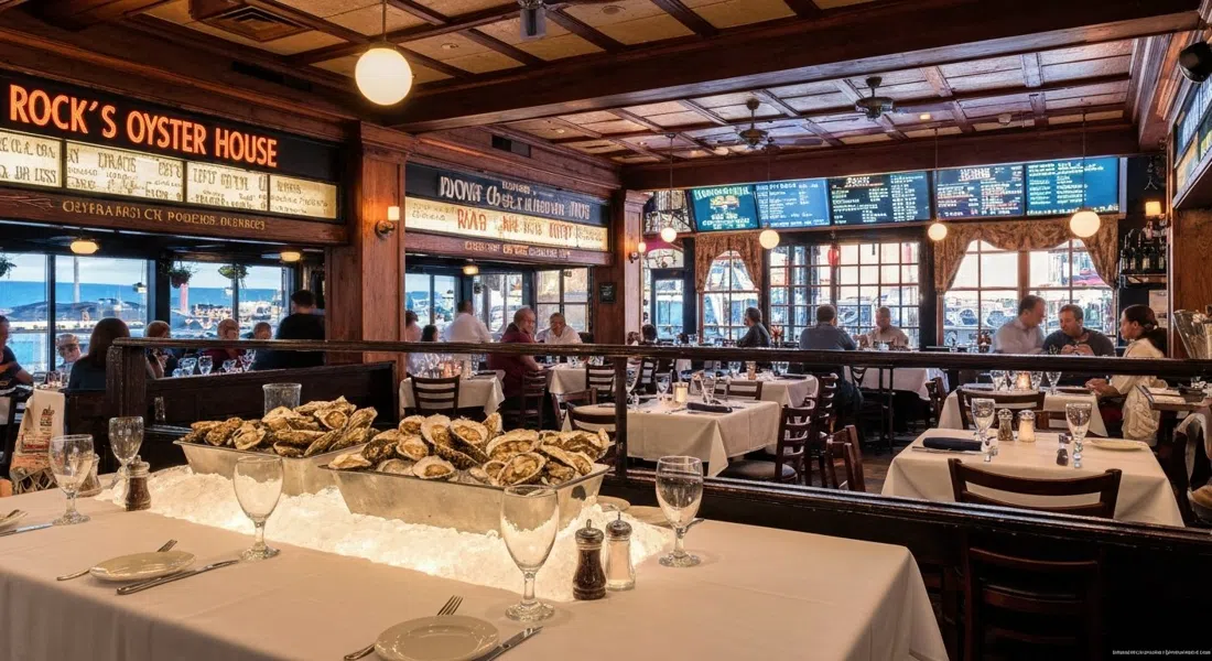 la barra de ostras crudas y la sala de piano en Dock's Oyster House en Atlantic Avenue, manteles blancos y ostras iluminadas cálidamente para la cena