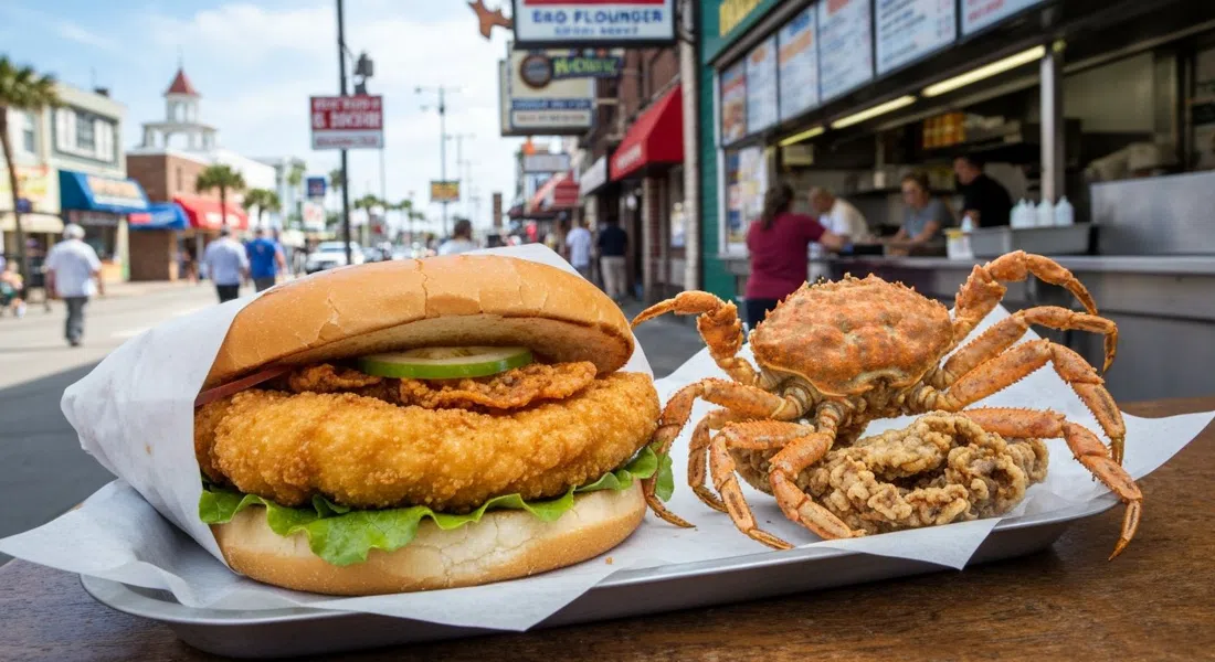 un sándwich de platija frita y cangrejo de caparazón blando en Barbera Seafood Market, envueltos al estilo mostrador con la freidora detrás