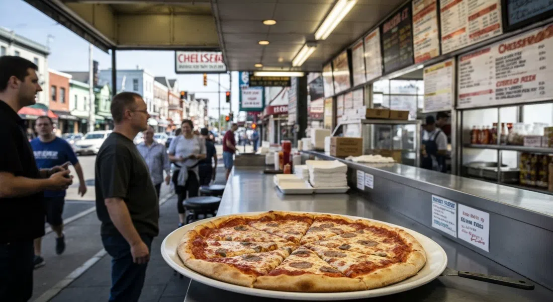 Una porción sencilla y gastada en Chelsea Pizza en Ventnor Avenue en Atlantic City, con un mostrador, cajas de pizza e iluminación de tienda de barrio