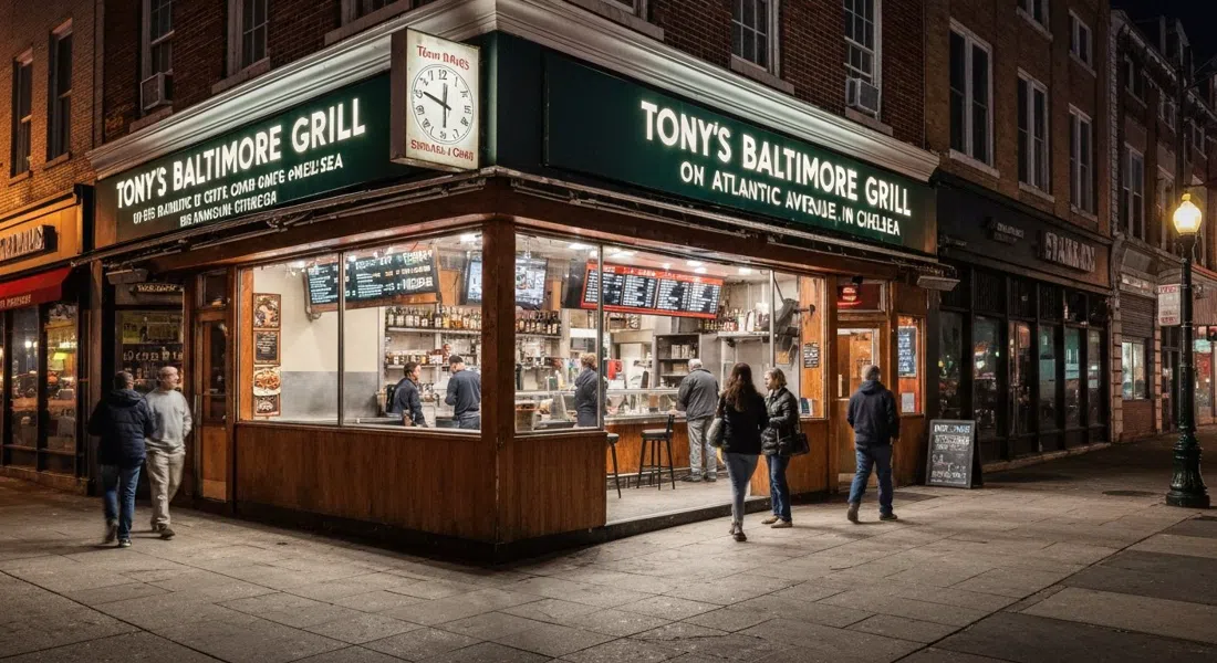 Tony's Baltimore Grill en Atlantic Avenue en Chelsea de noche, escaparate iluminado con luz de bar nocturna y mostrador de pizza dentro