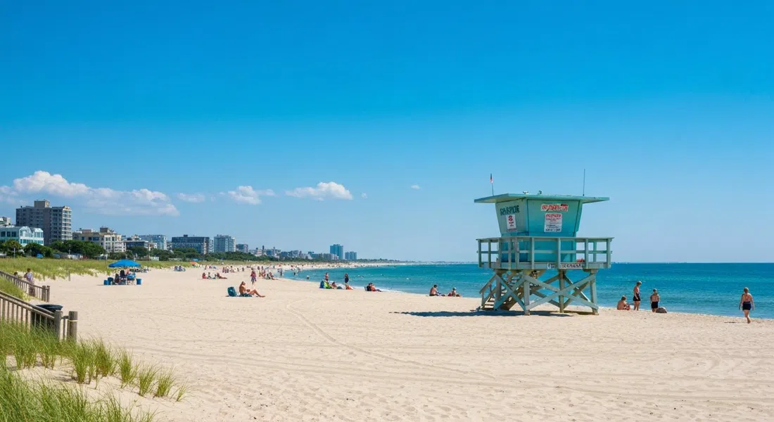 La playa de Jackson Avenue en Lower Chelsea, Atlantic City, con puesto de socorrismo, arena amplia y una pequeña multitud veraniega cerca de la línea de agua