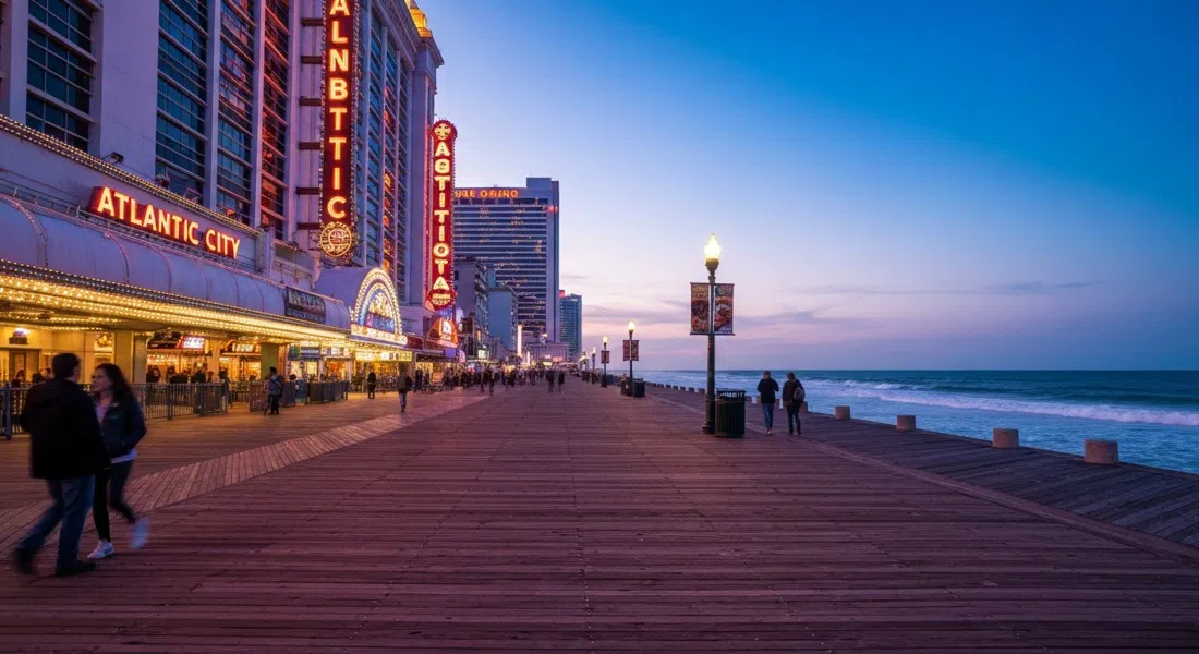 Paseo marítimo de Atlantic City al anochecer con torres de casino brillando a un lado y el oleaje del Atlántico rompiendo al otro, las tablas de madera extendiéndose en la distancia