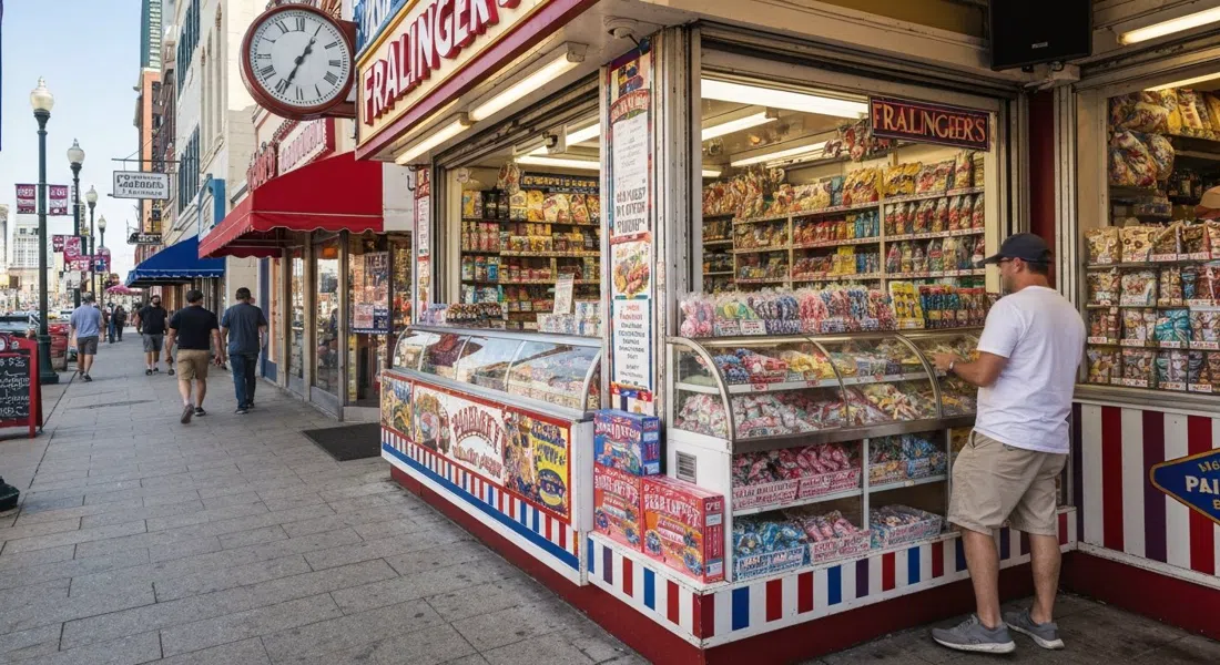 el brillante mostrador de dulces Fralinger's en 1901 Boardwalk con filas de cajas de taffy de agua salada y una ventana de la tienda capturando la luz de la tarde