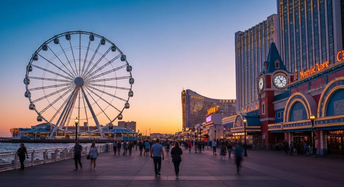 La Rueda en Steel Pier brillando al atardecer sobre el Atlántico, góndolas cerradas recortadas contra el océano y las luces del casino comenzando a encenderse