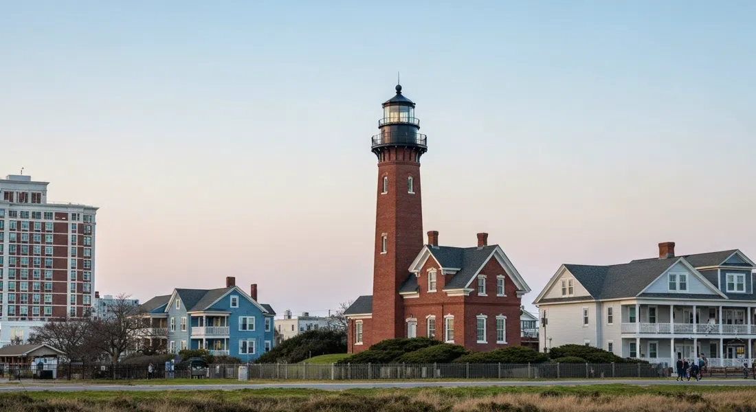 Absecon Lighthouse elevándose sobre los barrios residenciales bajos de Atlantic City a plena luz del día, su torre de ladrillo y la casa del farero enmarcados por el cielo y el aire salado