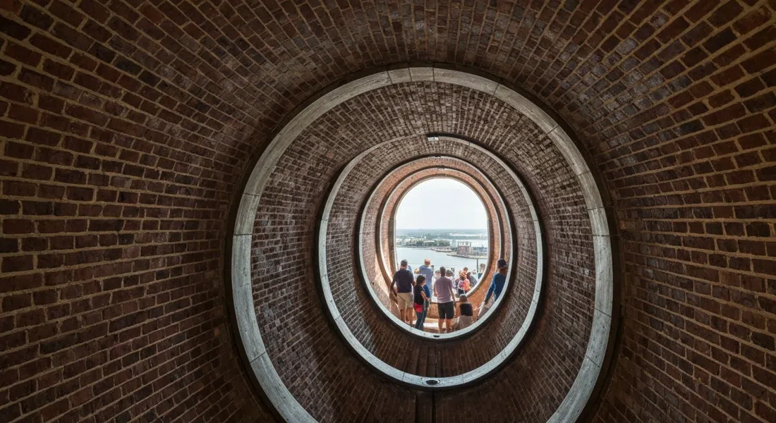la escalera de caracol interior de Absecon Lighthouse mirando hacia arriba a través de la torre de ladrillo, la luz del día filtrándose por la estrecha escalera