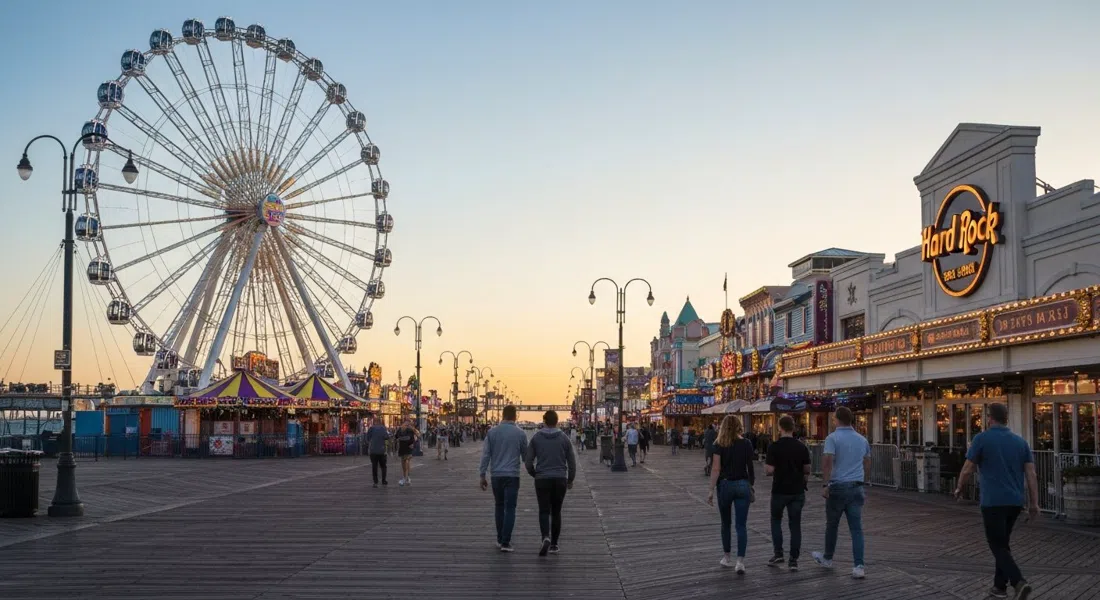 Atracciones del Steel Pier y la noria de 227 pies que se extiende sobre el Atlántico junto a Hard Rock, cielo vespertino brillante y luces del paseo marítimo