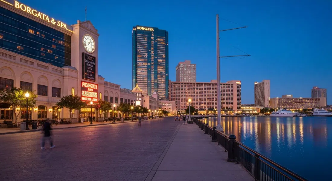 Borgata Hotel Casino & Spa brillando al anochecer junto a la bahía trasera, con luces de valet y la torre de cristal reflejando el agua del puerto deportivo