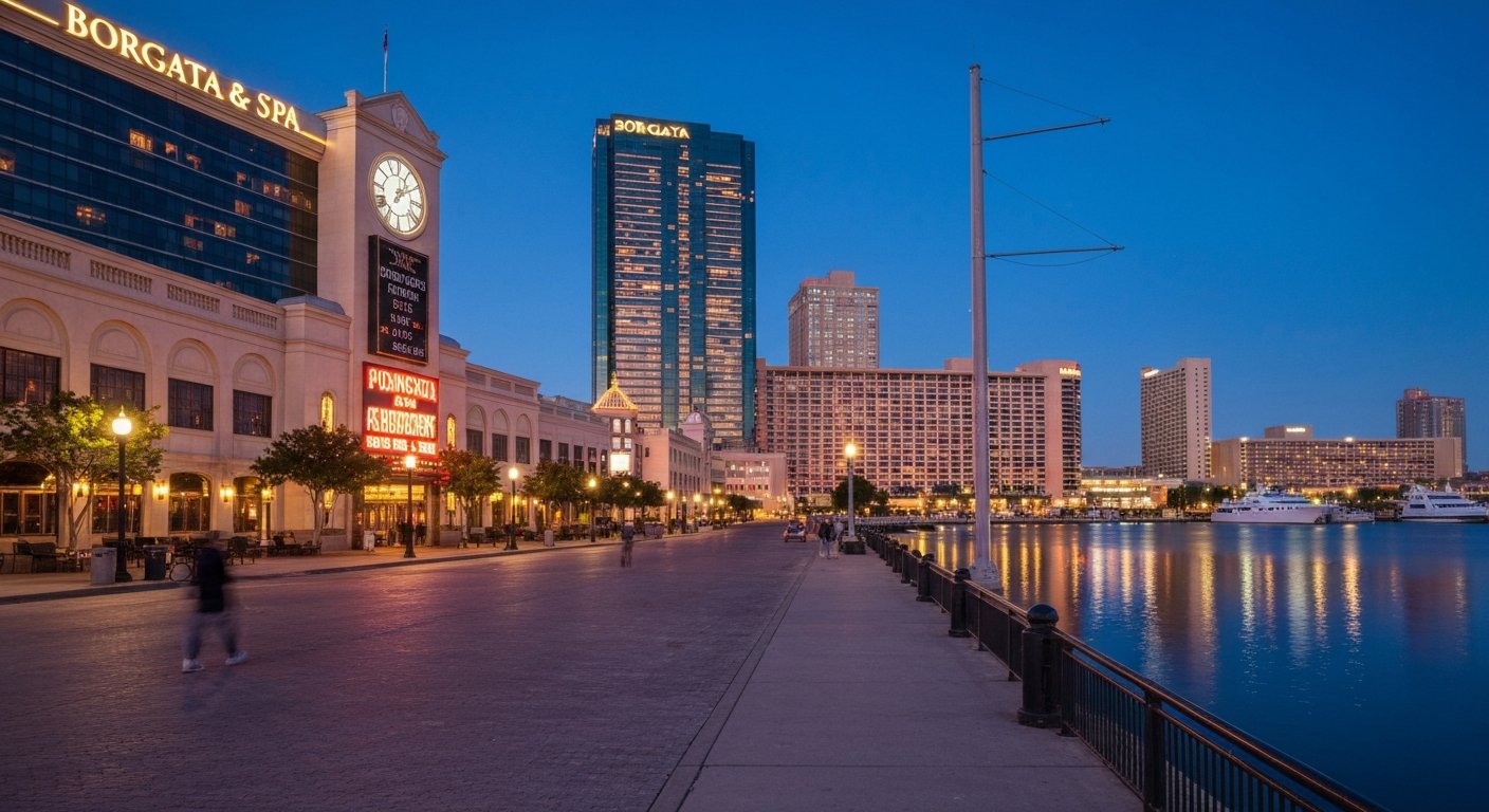 Borgata Hotel Casino & Spa glowing at dusk beside the back bay, with valet lights and the glass tower reflecting marina water